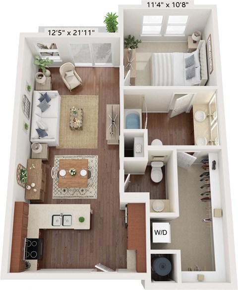 Floor plan for 1 bed, 1.5 baths, 772 sqft